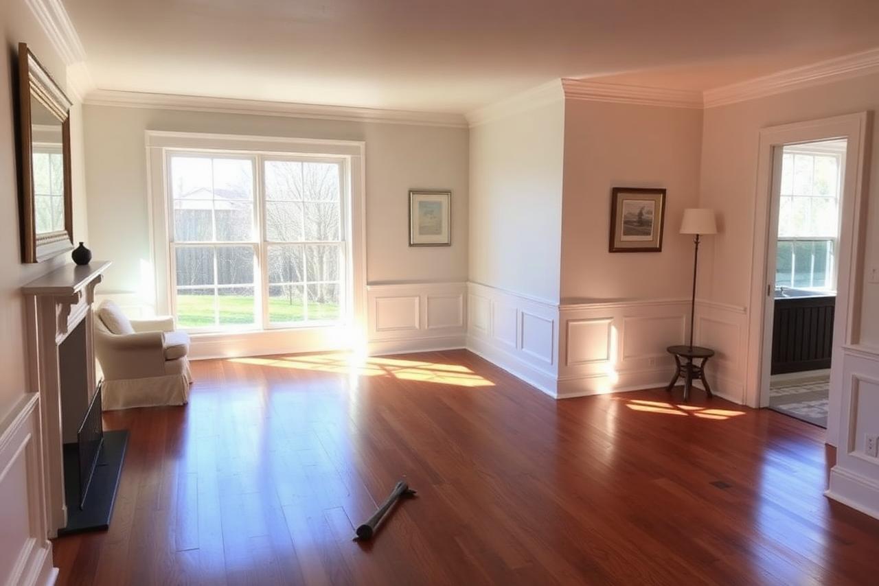 The same interior after renovation, open layout and new finishes