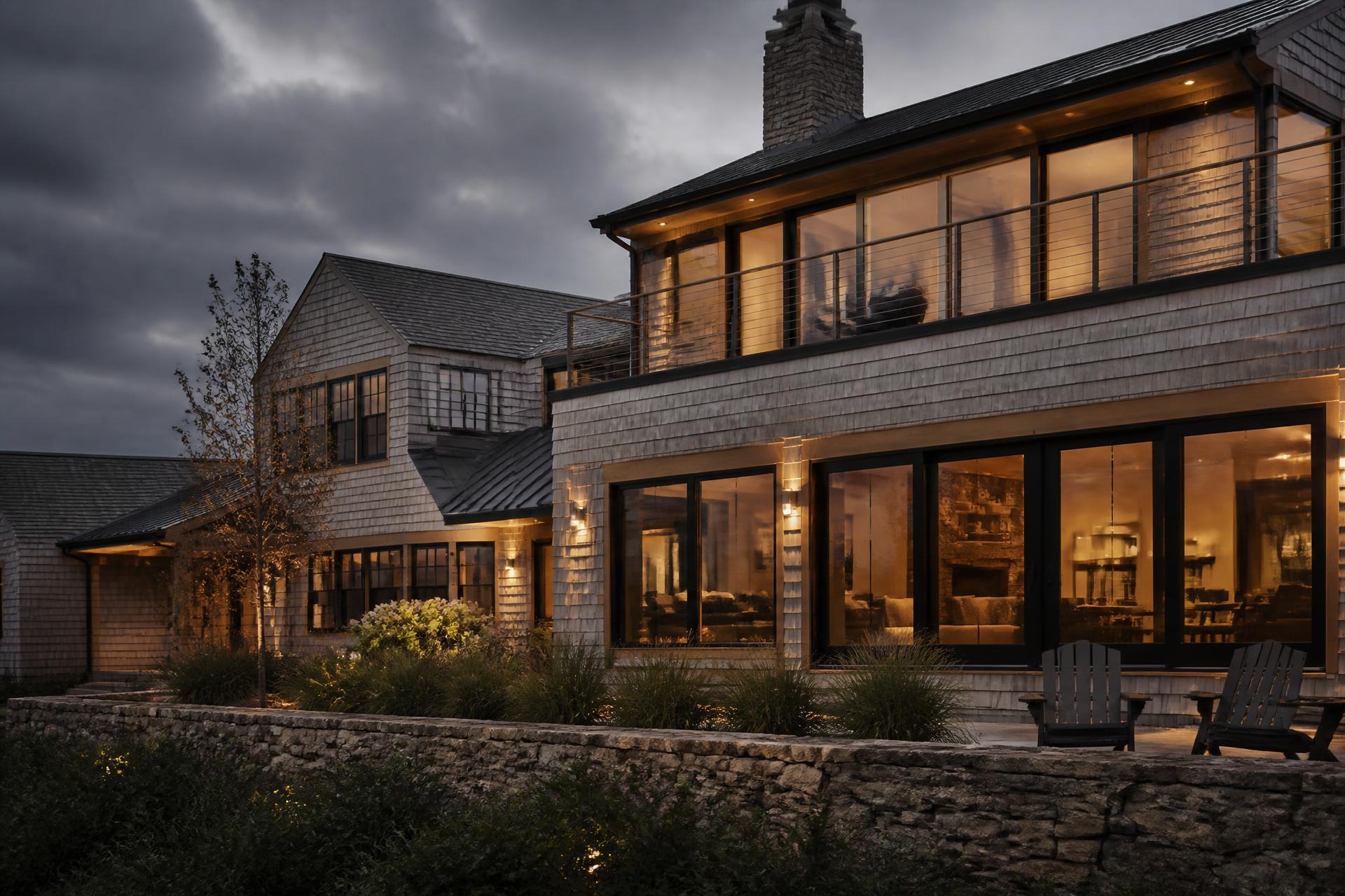 Renovated New England home exterior at dusk