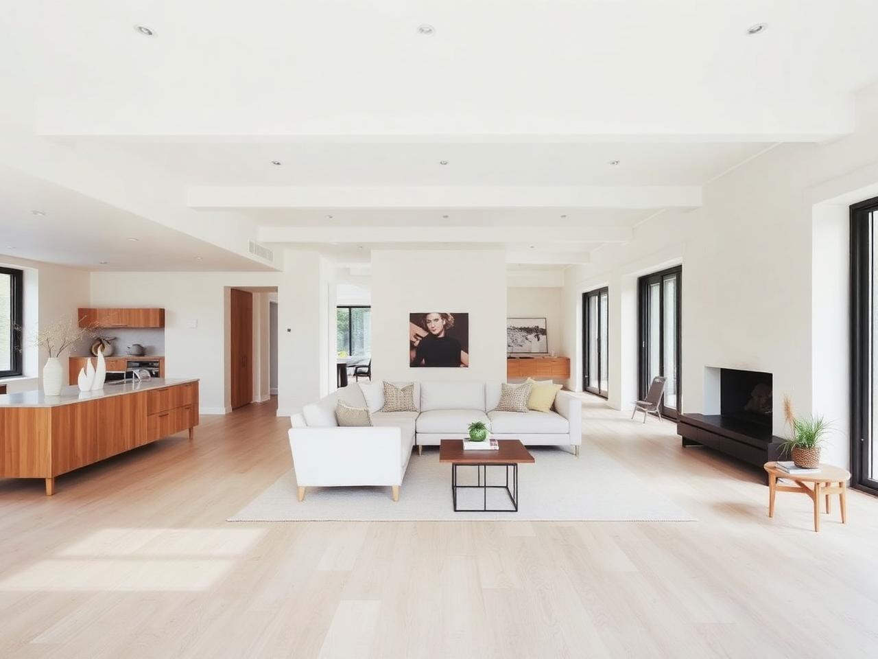 Open-plan living space with light wood floors after a full renovation
